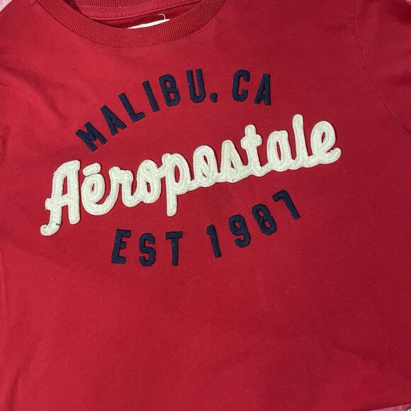 Y2k Mens Embroided Stitch Aeropostale Mailbu Graphic Red Shirt Size Large - Picture 7 of 7